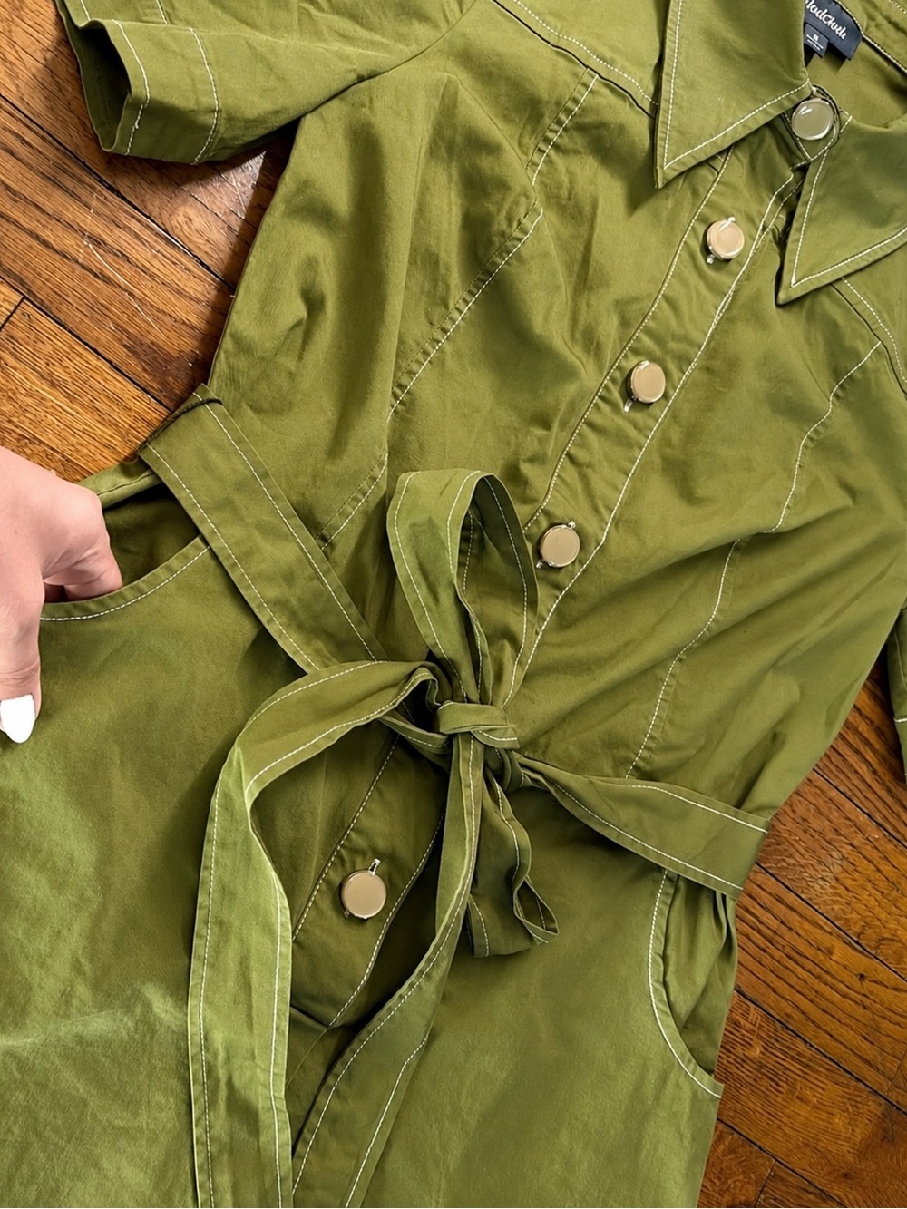 ModCloth Olive Green Utility Shirt Dress Button Front Tie Waist Pockets Retro 8 - Picture 8 of 16